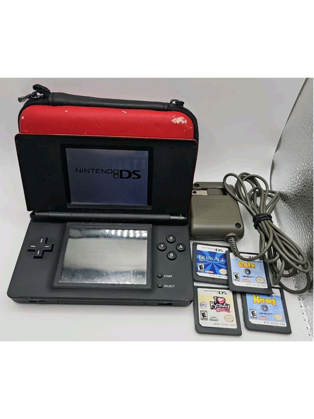 Nintendo DS Lite Crimson Red/Black With Charger, Stylus, Case & 4 Games Tested